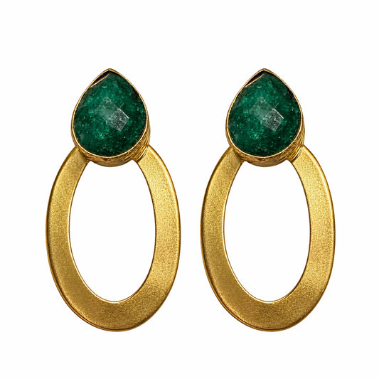 pair of gold-plated hoop earrings with green jade teardrop accents, displayed against a white background.