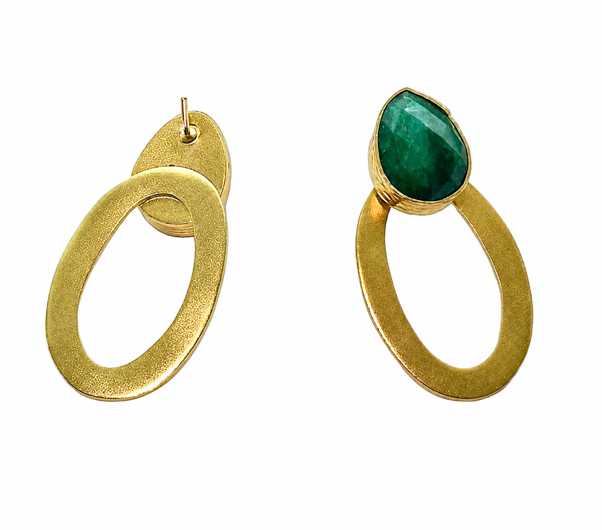 A pair of gold-plated hoop earrings with green jade teardrop accents, on a white background with one backwards 