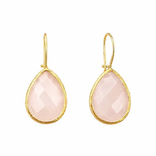 A pair of gold teardrop drop earrings with faceted light pink rose quartz stones on plain white background.