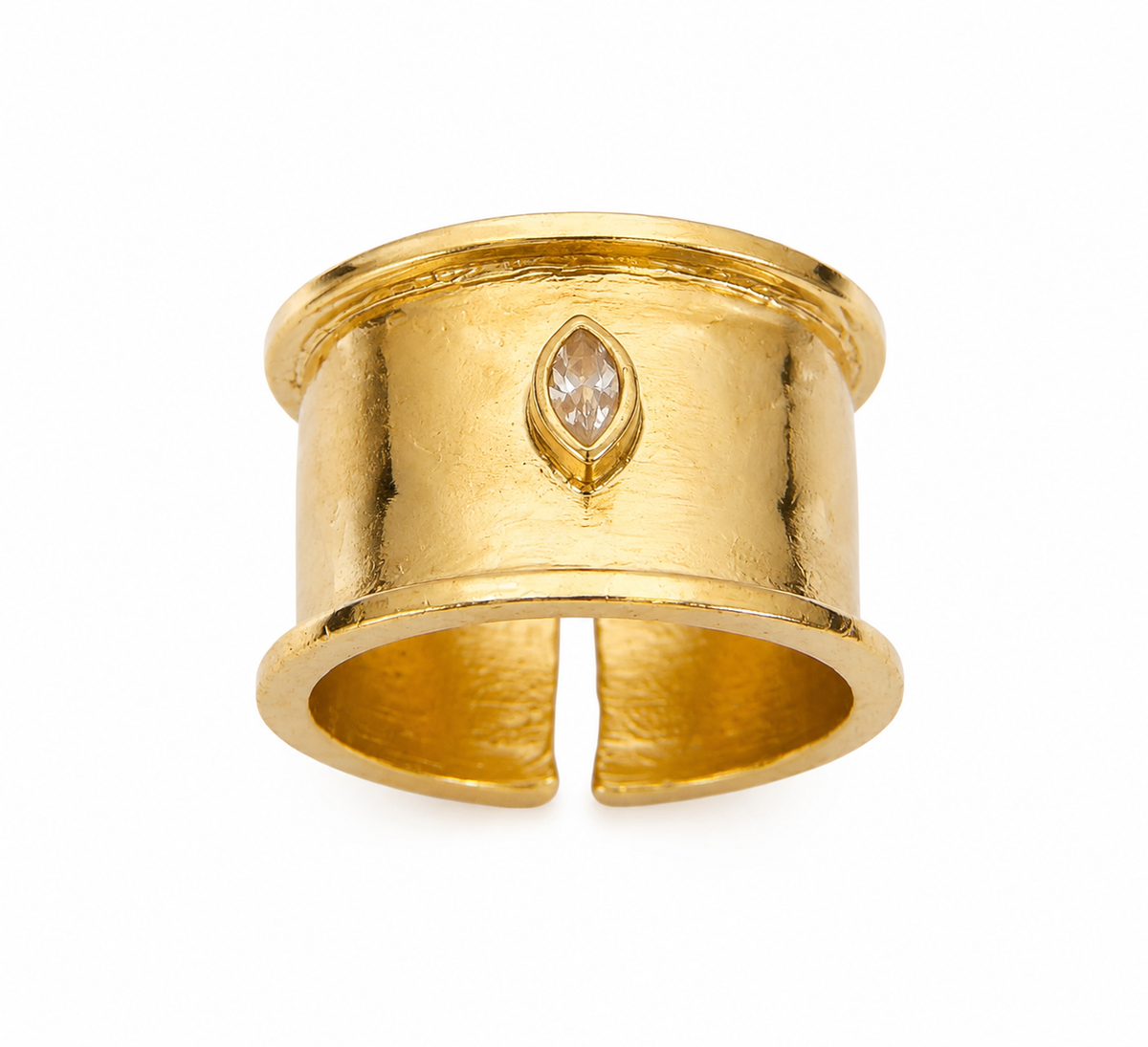 A zoomed-in gold-plated band with a marquise-cut clear cubic zircon set in the center, shown on a plain white background