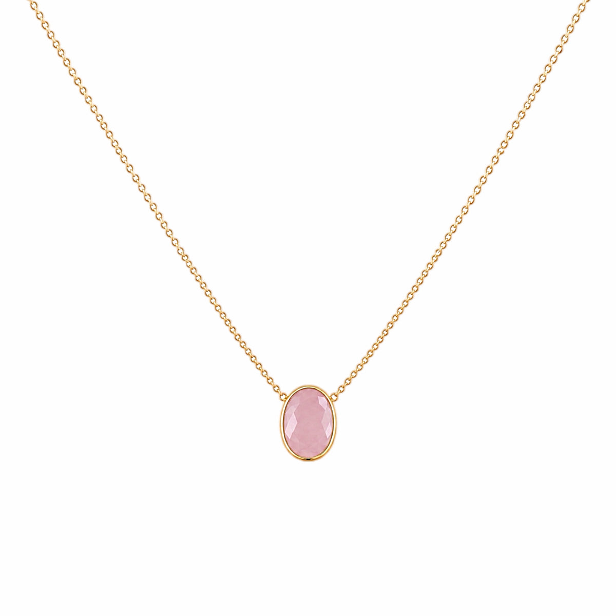 A zoomed out image of minimal gold chain faceted rose quartz pendant necklace in a on a plain white background.