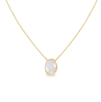 A zoomed out view of minimal gold faceted snow Quartz pendant necklace on a white background 