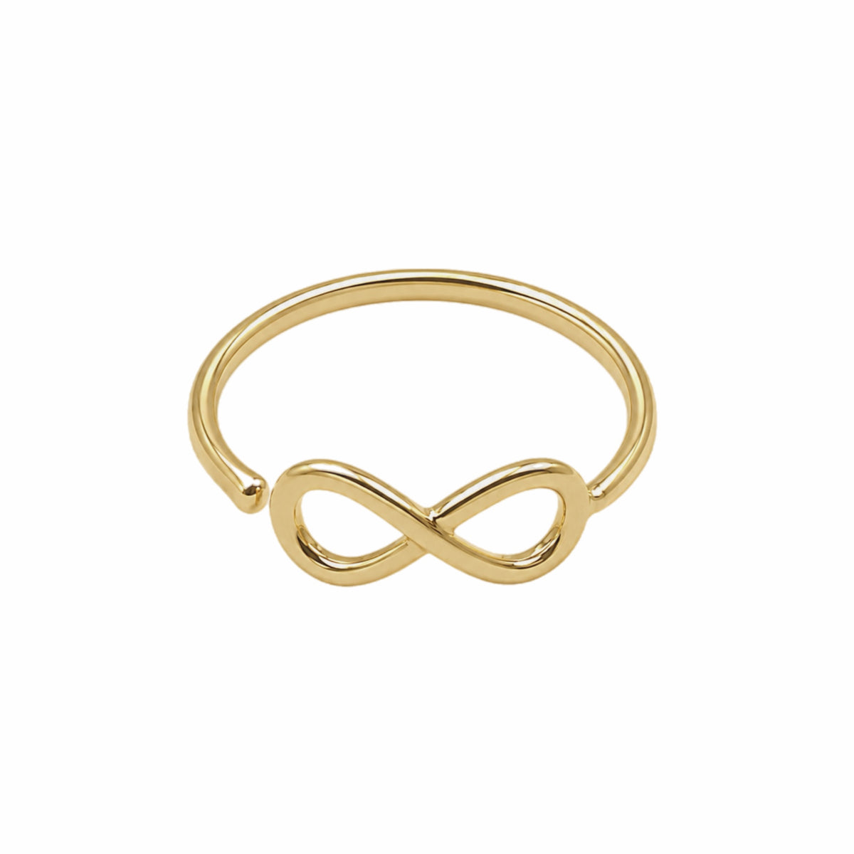 A gold-plated adjustable infinity band ring set against a plain white background.