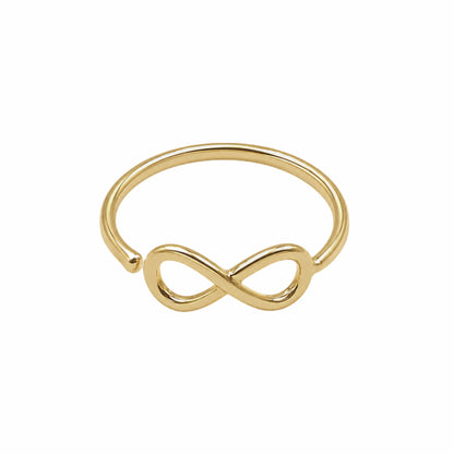 A gold-plated adjustable infinity band ring set against a plain white background.
