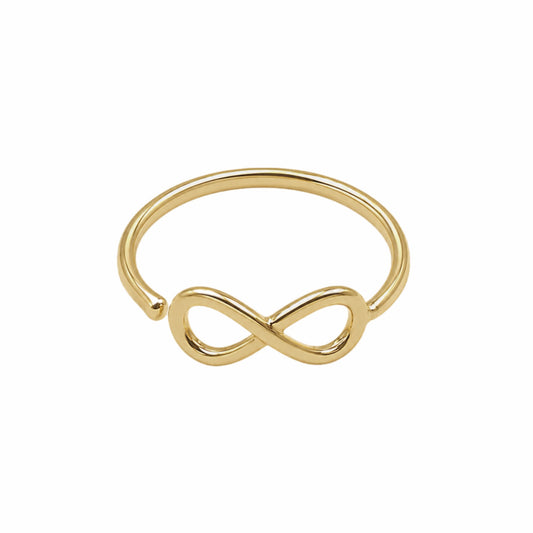 A gold-plated adjustable infinity band ring set against a plain white background.