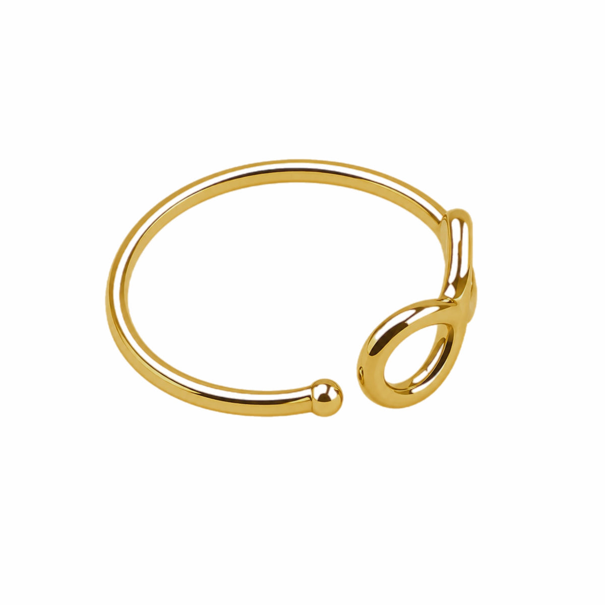 A polished gold-plated infinity ring with a unique open-ended design, featuring a small spherical bead detail on one end and a looped open clasp on the other, shown against a plain white background.