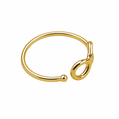 A polished gold-plated infinity ring with a unique open-ended design, featuring a small spherical bead detail on one end and a looped open clasp on the other, shown against a plain white background.