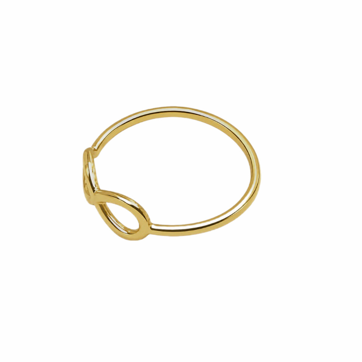 A gold-plated infinity ring with a unique infinity loop design at the front, shown on a plain white background.