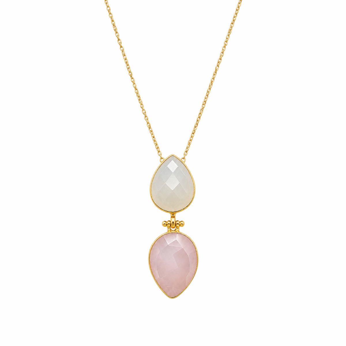 Artisanal sustainable gemstone Necklace with two teardrop-shaped rose quartz and snow quartz gemstone  on white background