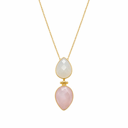 Artisanal sustainable gemstone Necklace with two teardrop-shaped rose quartz and snow quartz gemstone  on white background