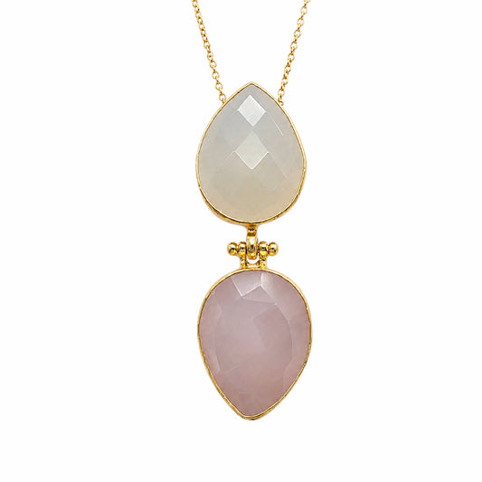 Artisanal sustainable gemstone Necklace with two teardrop-shaped rose quartz and snow quartz gemstone  on a white background