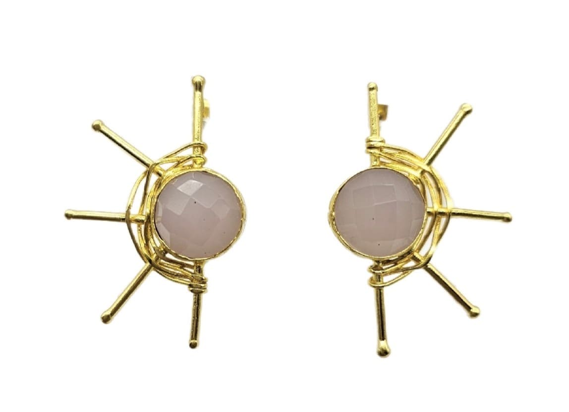 Artisanal sustainable gold-plated contemporary web design earrings with round rose quartz gemstone center against white background 