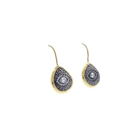 Handmade sustainable gold-plated hammer-finished silver teardrop stud earrings with cz evil eye