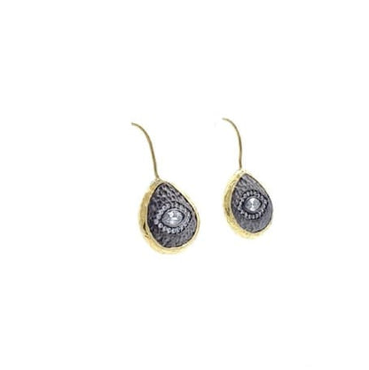 Handmade sustainable gold-plated hammer-finished silver teardrop stud earrings with cz evil eye