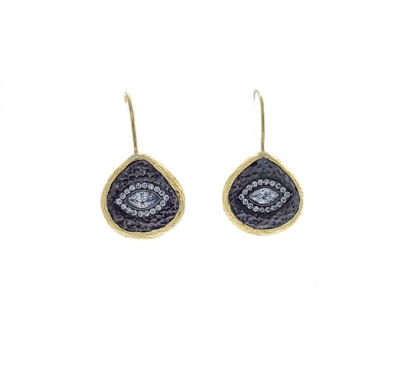 Artisanal sustainable gold-plated hammer-finished silver teardrop stud earrings with ontemporary evil eye cz