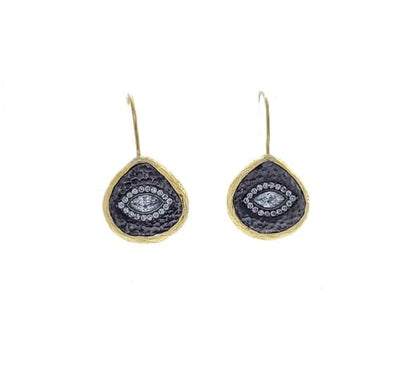 Artisanal sustainable gold-plated hammer-finished silver teardrop stud earrings with ontemporary evil eye cz