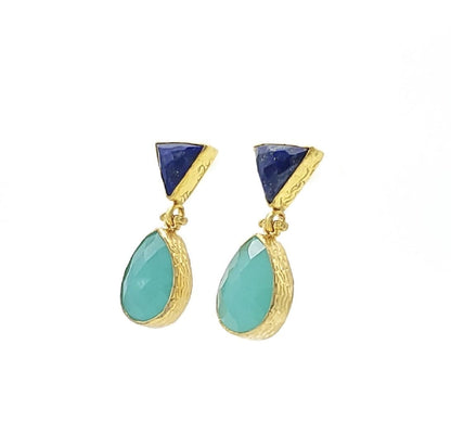 Handmade sustainable gold-plated lapis and aqua chalcedony drop earrings facing left against hite background 