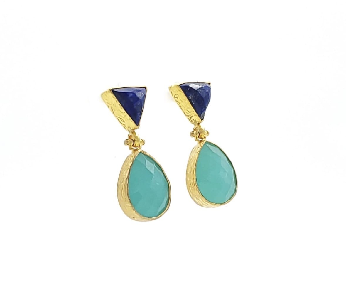 handmade sustainable eco-friendly lapis and Aqua Chalcedony drop earrings facing right on white background 