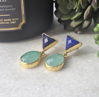 Elegant artisanal sustainable gold-plated anqua chalcedony and lapis lazuli earrings with textured surface.