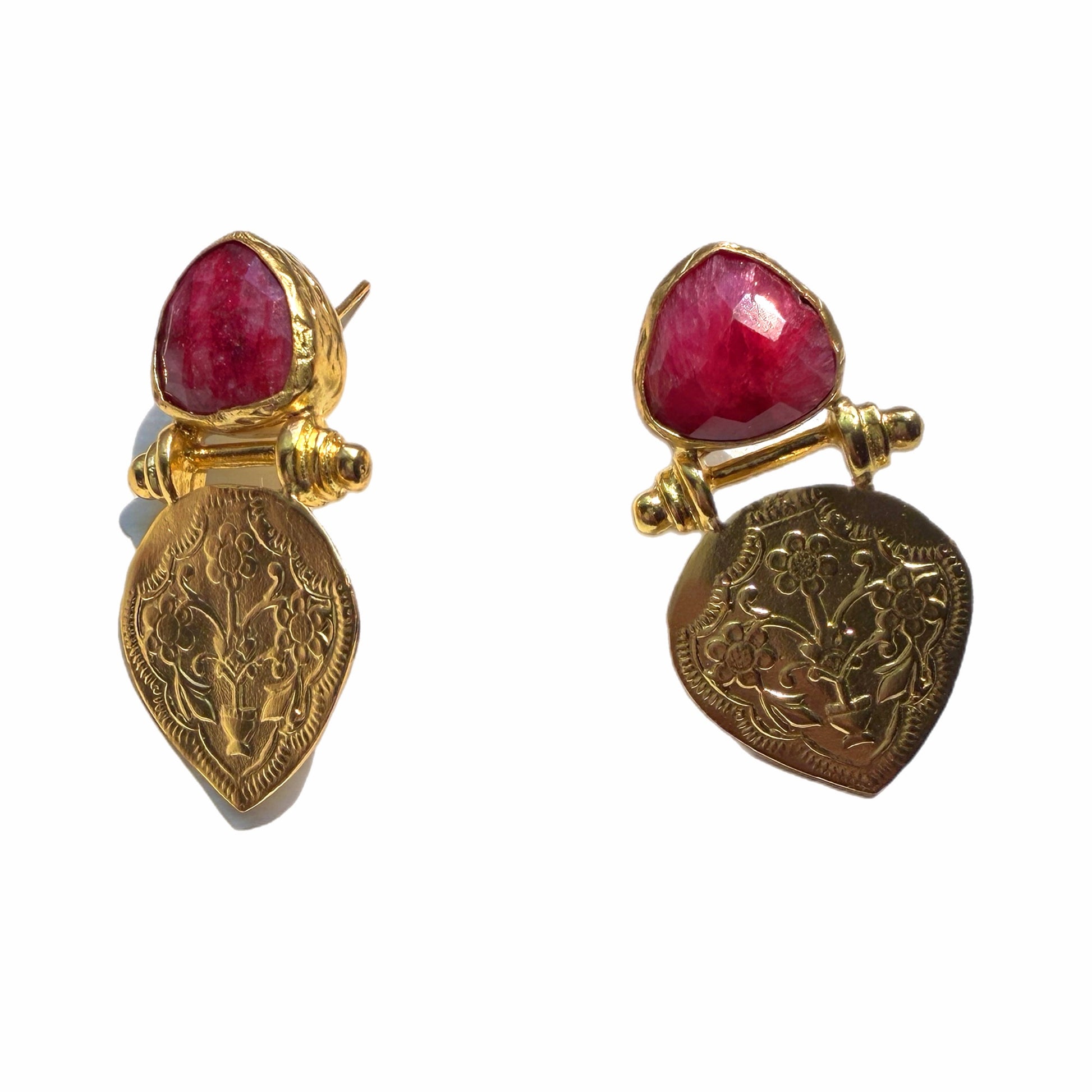 Handmade Gold-plated ruby stud earrings with etchings on a white backdrop by Bebek jewels 