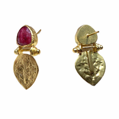 Handmade Gold-plated ruby stud earrings with etchings by Bebek jewels 