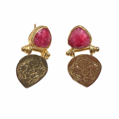 Handmade Gold-plated ruby stud earrings with etchings on a white background by Bebek jewels 
