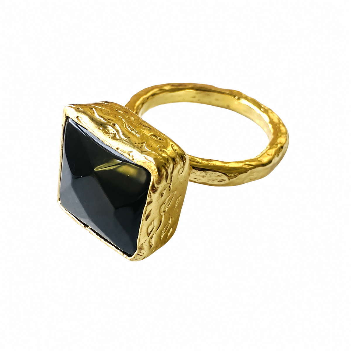 Artisanal sustainable gold plated square onyx ring facing left on white
