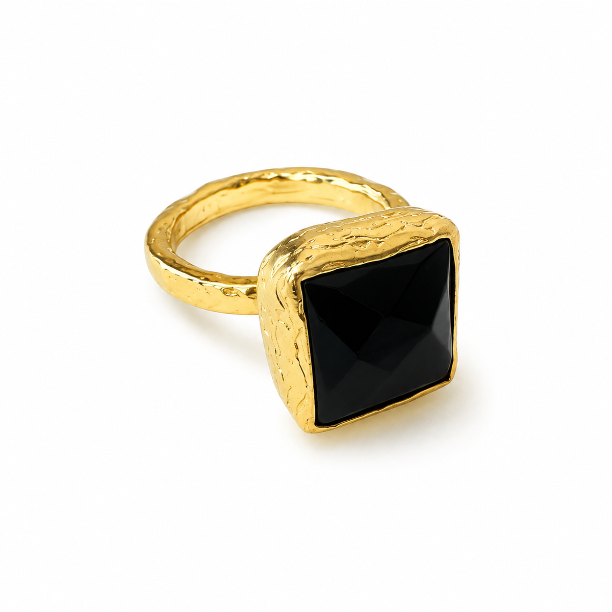 Artisanal sustainable gold plated square onyx ring facing right on white