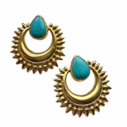 Artisanal sustainable gold plated turquoise bold earrings on white backdrop by Bebek Jewels