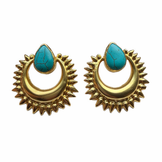 Artisanal sustainable gold plated turquoise bold earrings on white surface by Bebek Jewels
