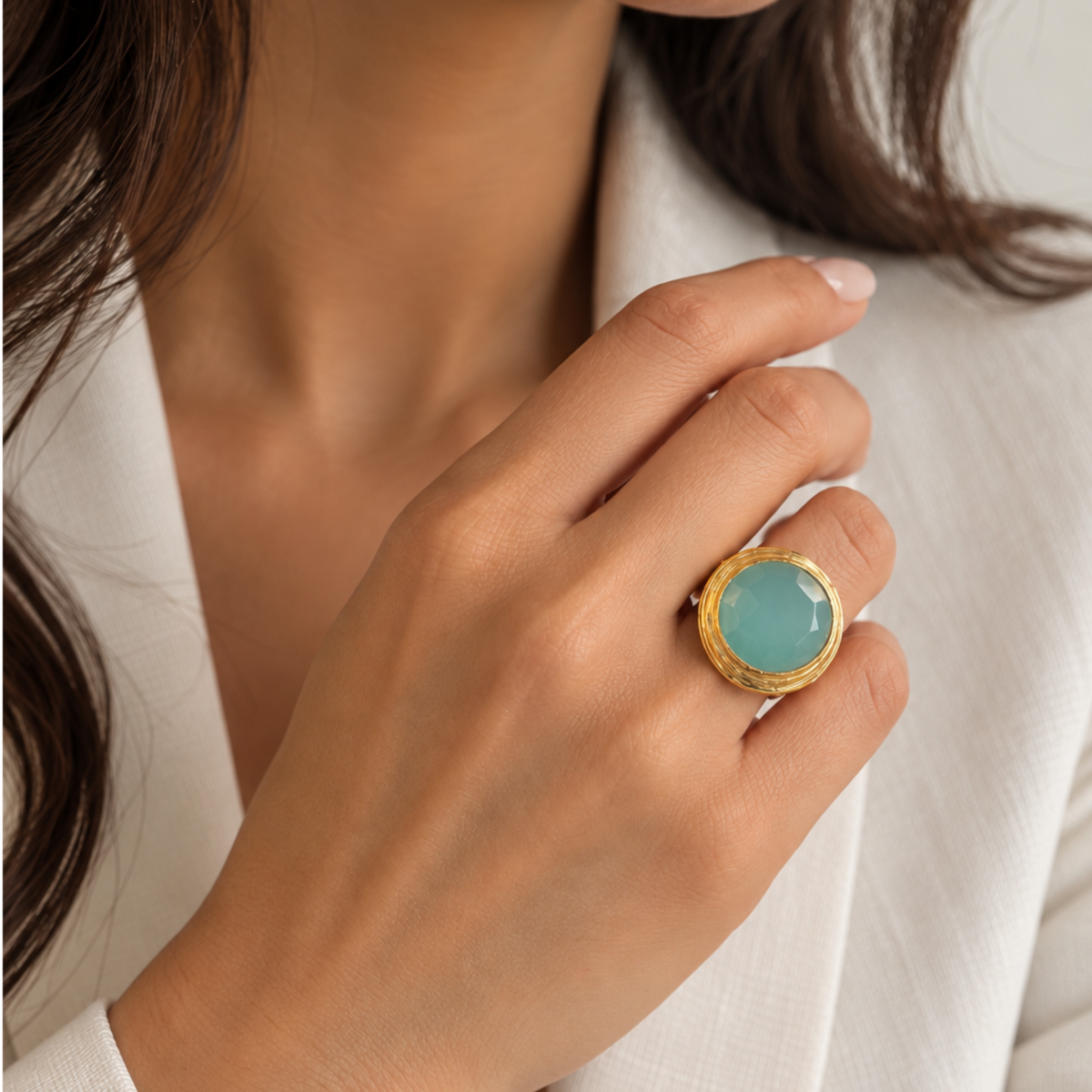 Round Gold and Aqua Chalcedony Ring