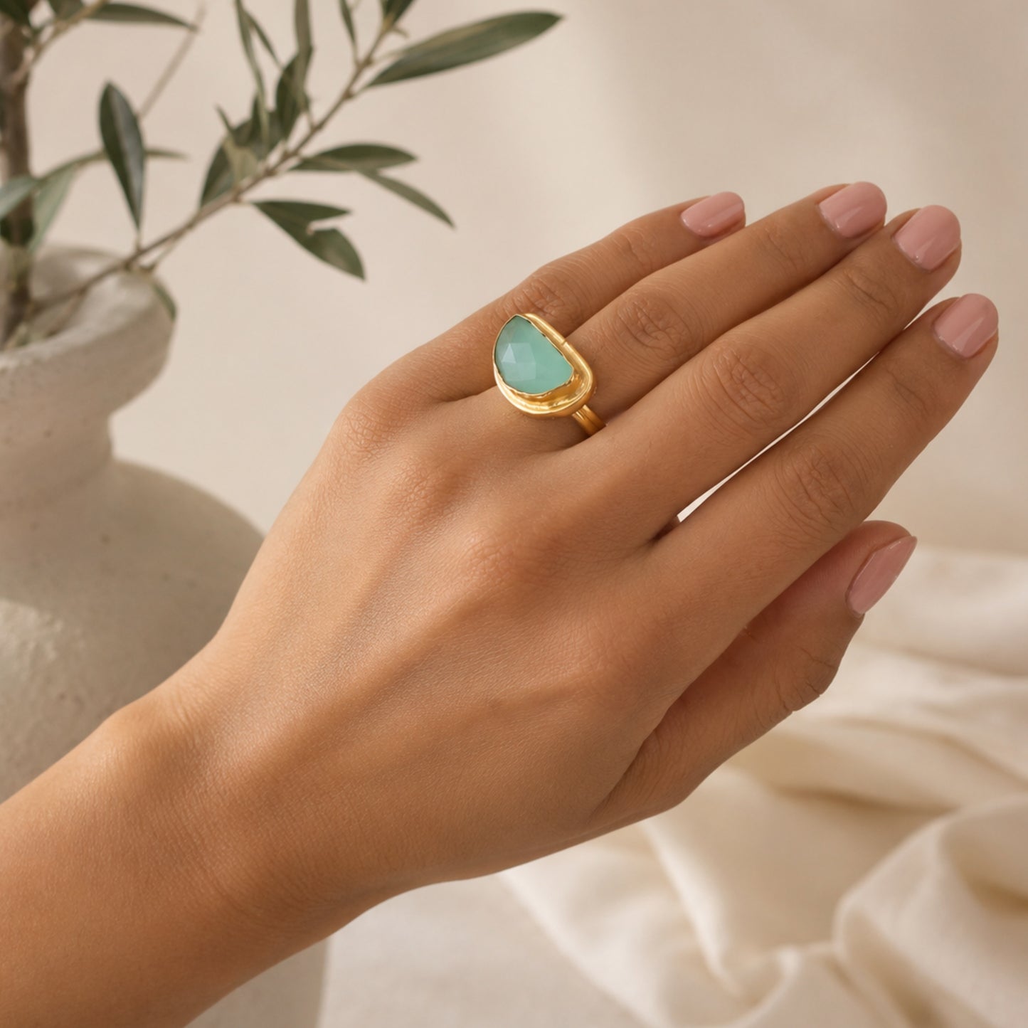 Aqua Chalcedony Semi-Circle Ring
