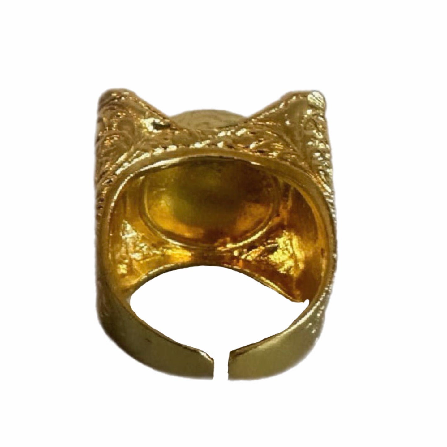 Back of a A gold-plated ring with Arabic calligraphy 'SubhanAllah' written in the center using semi-precious gemstone agate.