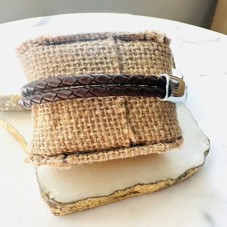 Back of Handmade men’s Brown braided leather bracelet with silver hardware 