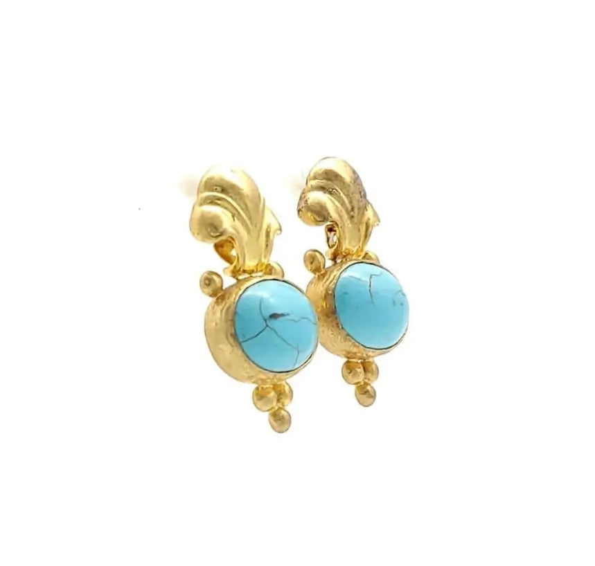 Stunning Gold-plated Fleur-de-lis turquoise earrings on a white background facing right 