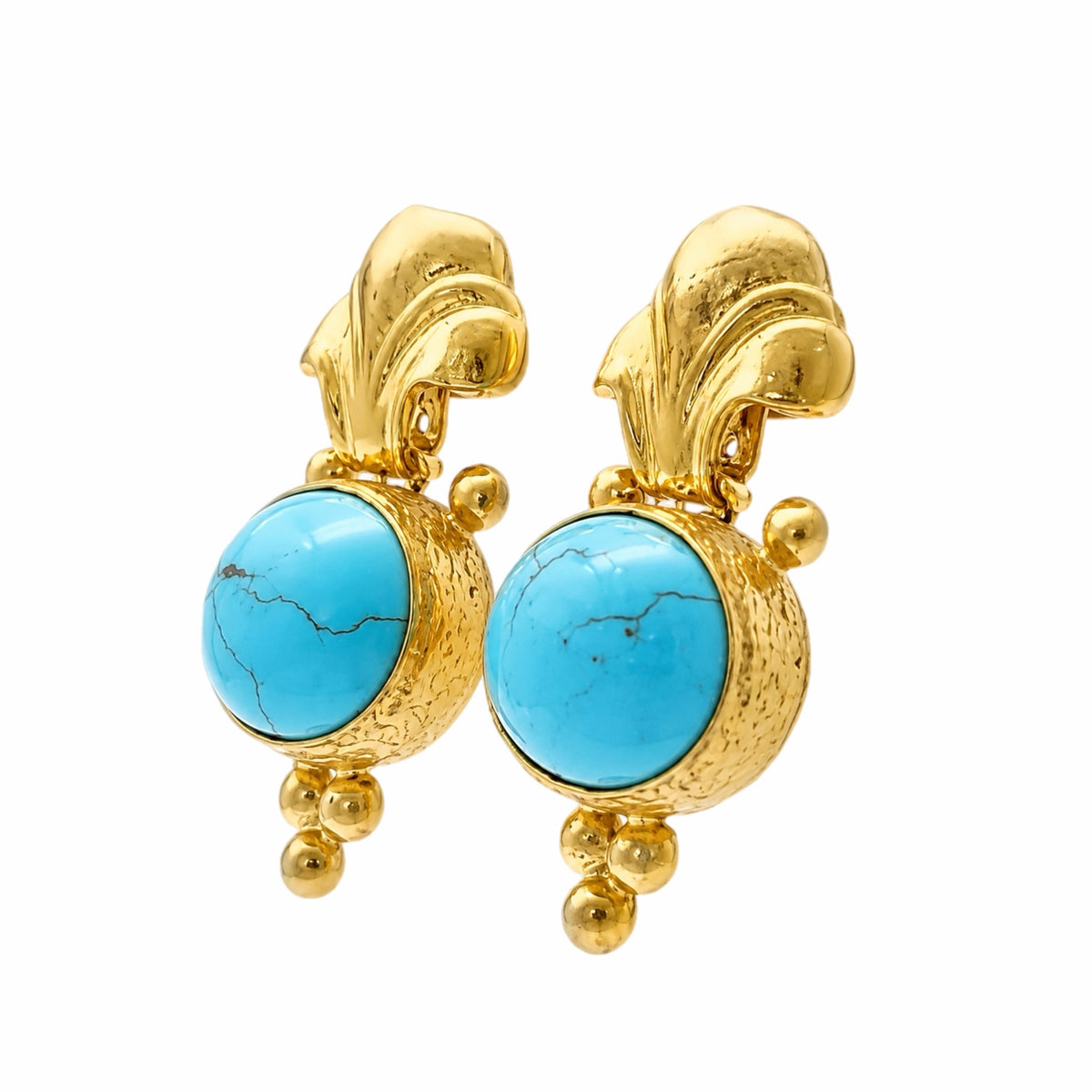 Beautiful handmade gold plated Fleur de lis gold plated turquoise fleur de lis earrings left side view
