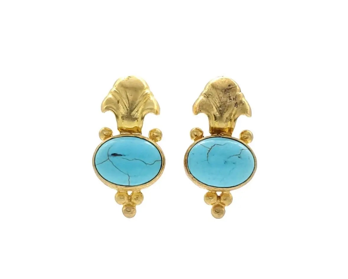 Stunning handmade Gold-plated Fleur-de-lis turquoise earrings on a white background