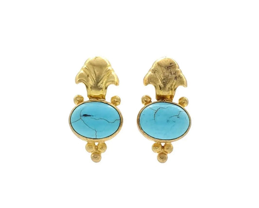 Stunning handmade Gold-plated Fleur-de-lis turquoise earrings on a white background