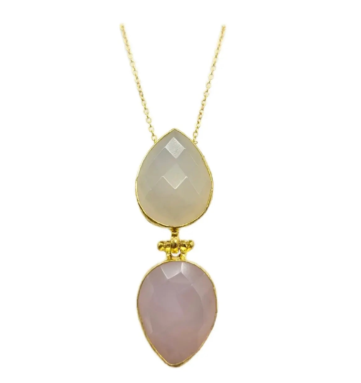 Artisanal sustainable gemstone Necklace with two teardrop-shaped rose quartz and show quartz gemstone  on a white background