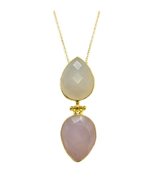 Artisanal sustainable gemstone Necklace with two teardrop-shaped rose quartz and show quartz gemstone  on a white background