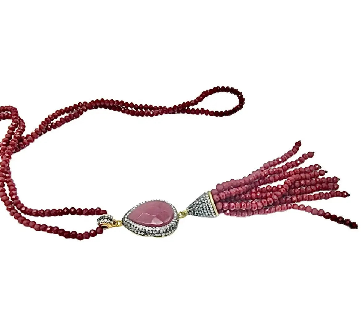 Handmade Turkish long red beaded tassel Necklace with cz on a white background