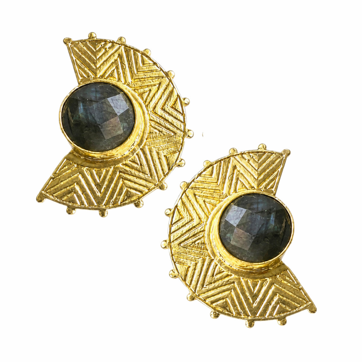 Contemporary Artisanal gold plated bold statement stud earrings with labradorite on white background