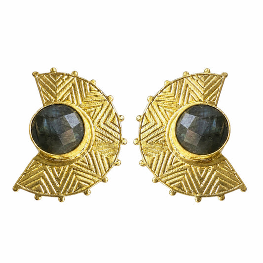 Bebek Artisanal gold plated bold statement stud earrings with labradorite on white 