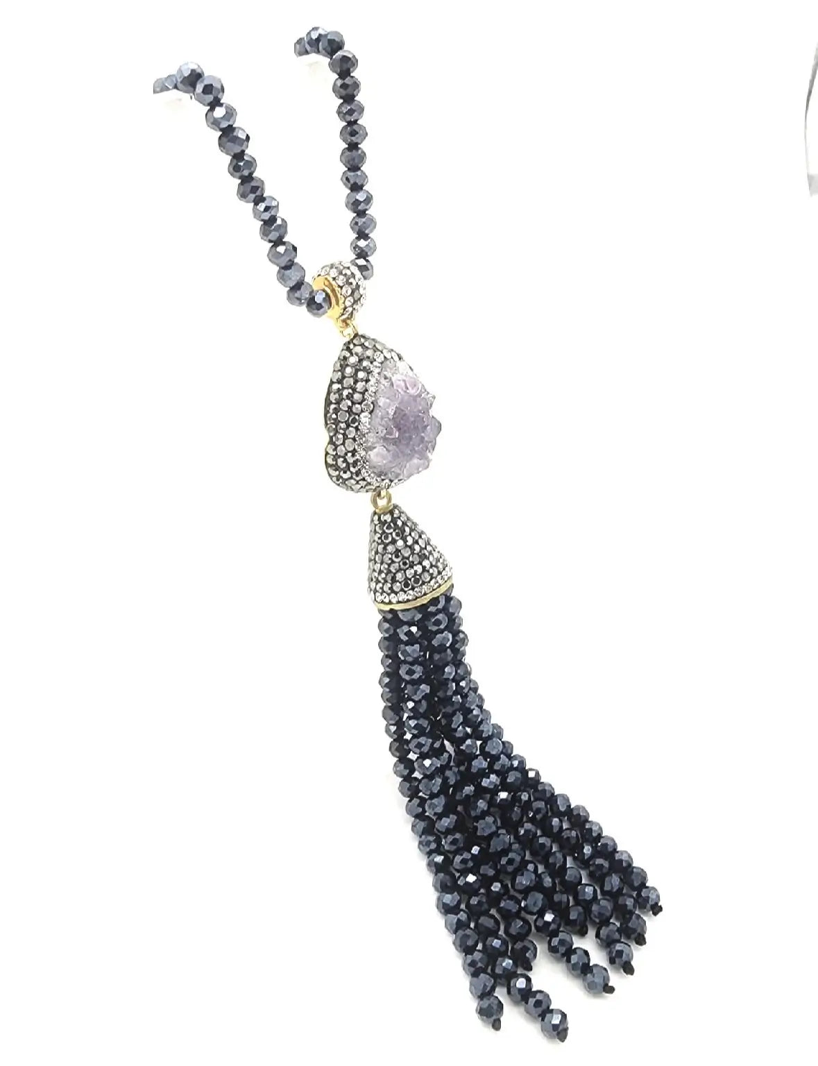Elegant handmade Turkish Necklace with blue beaded tassel and druzy pendant with cz on a white background