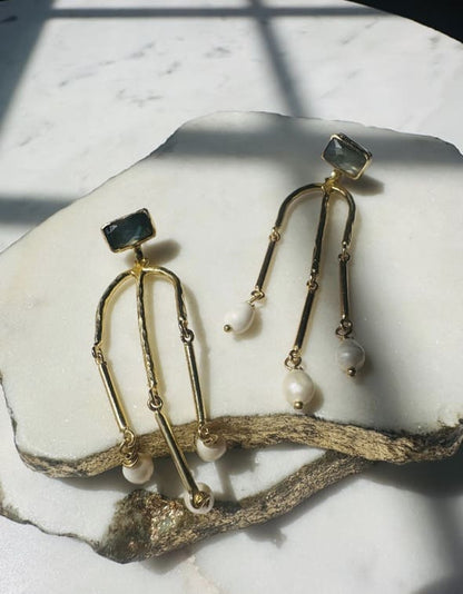 Sustainable Handmade Gold Plated Labradorite and Pearl Contemporary Long Dangle Earrings Set on Marble Slabs