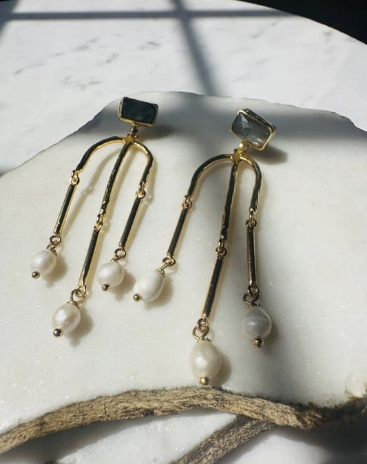 Handmade Sustainable Gold Plated Labradorite and Pearl Long Dangle Earrings Contemporary Design on Marble Slab
