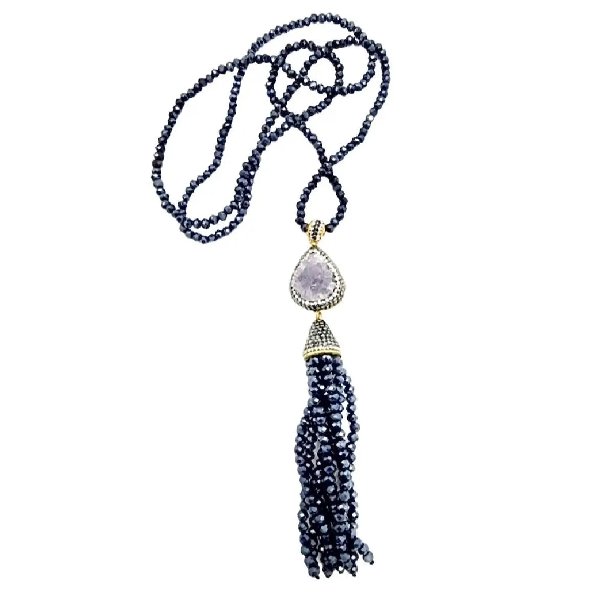 Gorgeous handmade Turkish blue blessed tassel Necklace on a white background