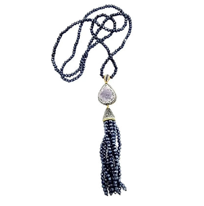 Gorgeous handmade Turkish blue blessed tassel Necklace on a white background