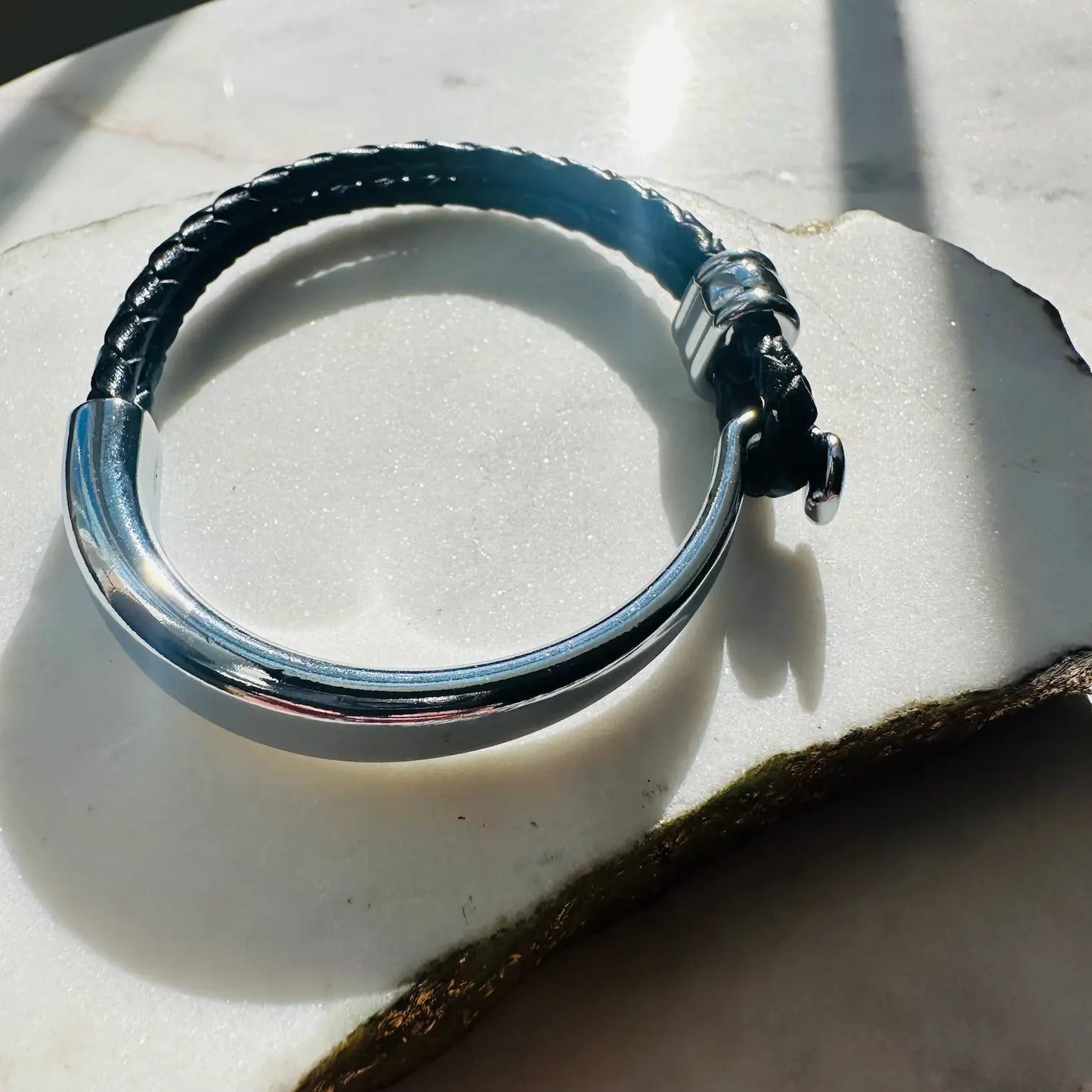 Handmade men’s boho black braided leather bracelet with Silver accents