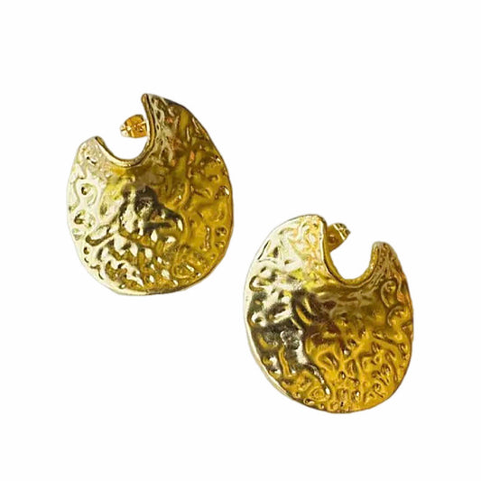 A pair of textured gold-plated crescent-shaped contemporary hoop earrings on a plain white background.